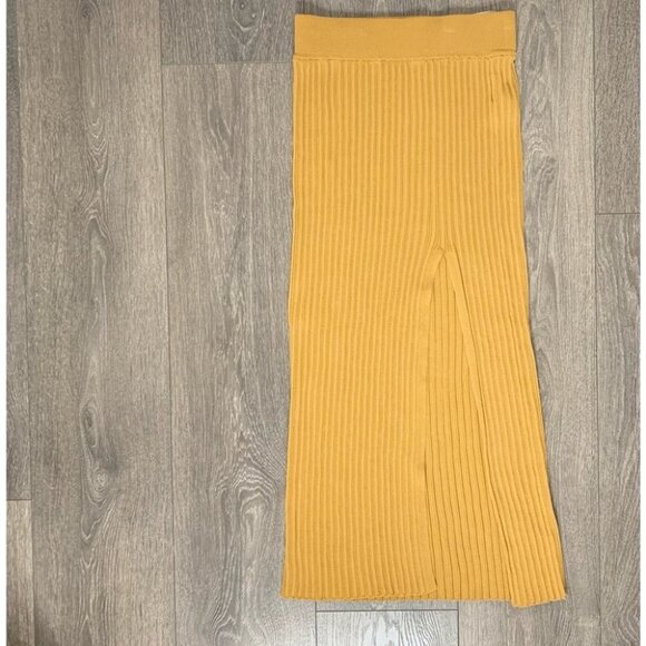Aritzia Wilfred Zeta Midi Skirt Pleated High rise Ribbed Knit Side Slit Golden - Picture 2 of 14